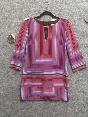 Trina Turk Silk Multicolored Geometric Linear Print Shift Dress 3/4 Sleeve Size